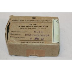KUP-AMMUNITION FORSVARETS KRIGSMATERIELFORVALTNING 48 stk 9 mm skarp patron M/41 - leeren Schachtel