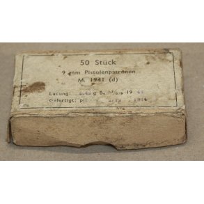 2. W.K. : 50 Stck 9 mm Pistolenpatronen M. 1941 (d) - Leere Box