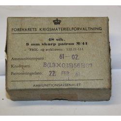 FORSVARETS KRIGSMATERIELFORVALTNING 48 stk 9 mm skarp patron M/41 - leeren Schachtel