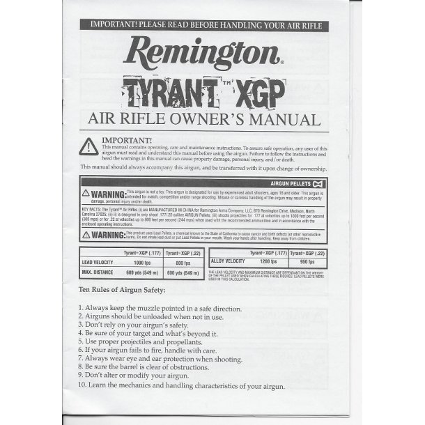 Remington TYRANT XGP air rifle