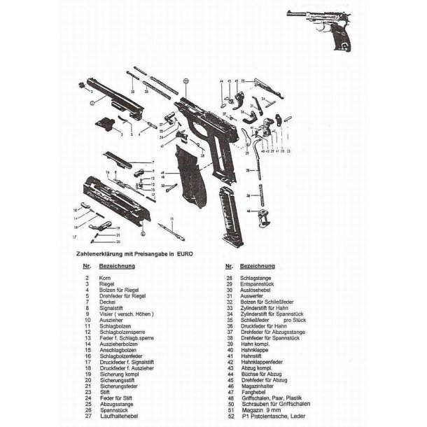 A - Walther P1 - Eksplosionstegning over div.dele.